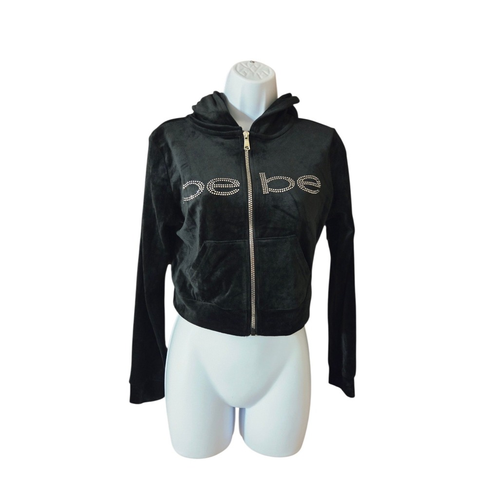 Bebe Black Velour Slightly Cropped Full Zip Hoodie W Bling M NWOT